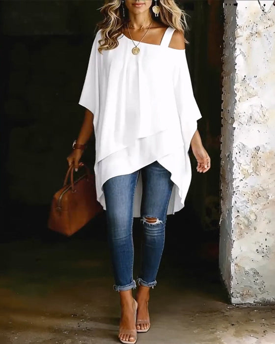 Bluse Asymmetrisk Cold Shoulder Ensfarget Avslappet