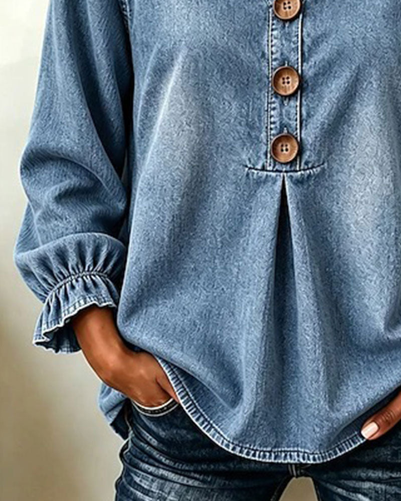 Topp Denim V-Hals Knapp Rysjeerm