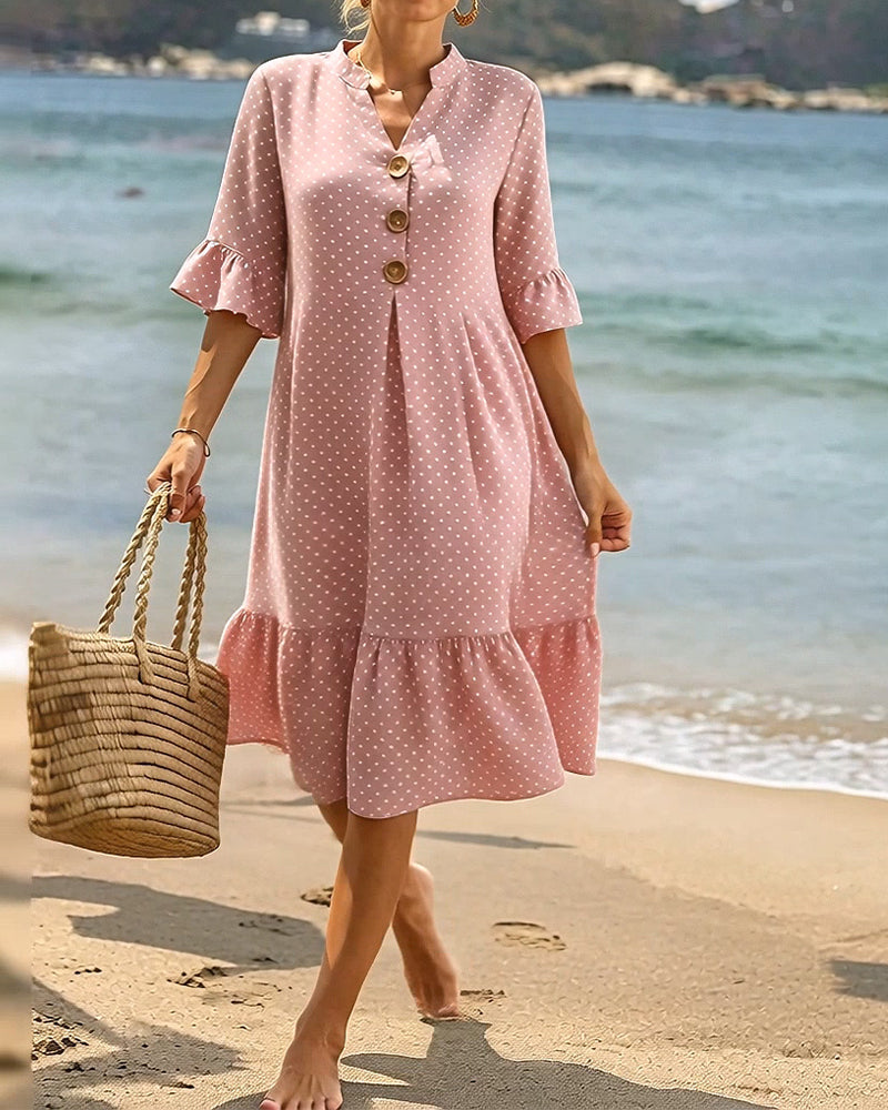 Kjole Polka Dot V-Hals Rynket Erme