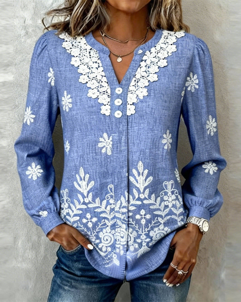 Skjorte Bobleermet Broderi Kniplingkant