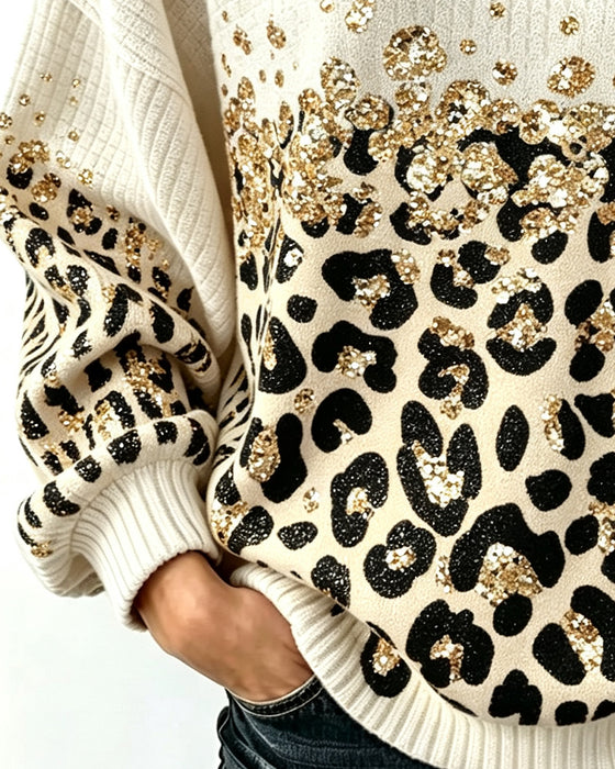 Genser Rund Hals Knappet Leopard Trykk