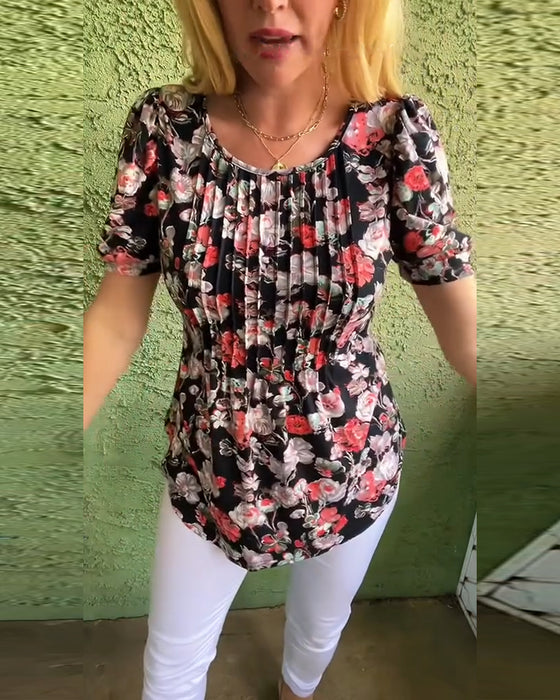 Bluse Rund hals Bufset erme Plissert Blomstret