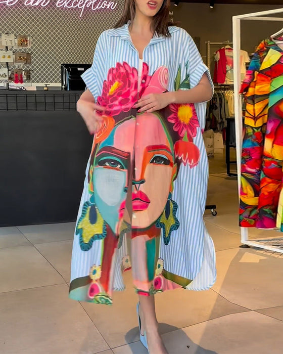 Vertikal stripete jakkeslagsbluse med karaktertrykk