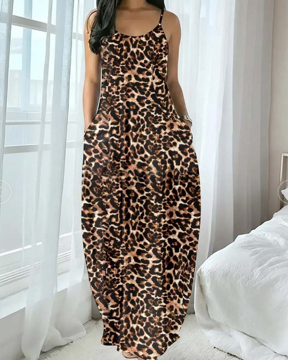 Kjole Spagettistrap Leopard Trykk Midjekniping A-Linje