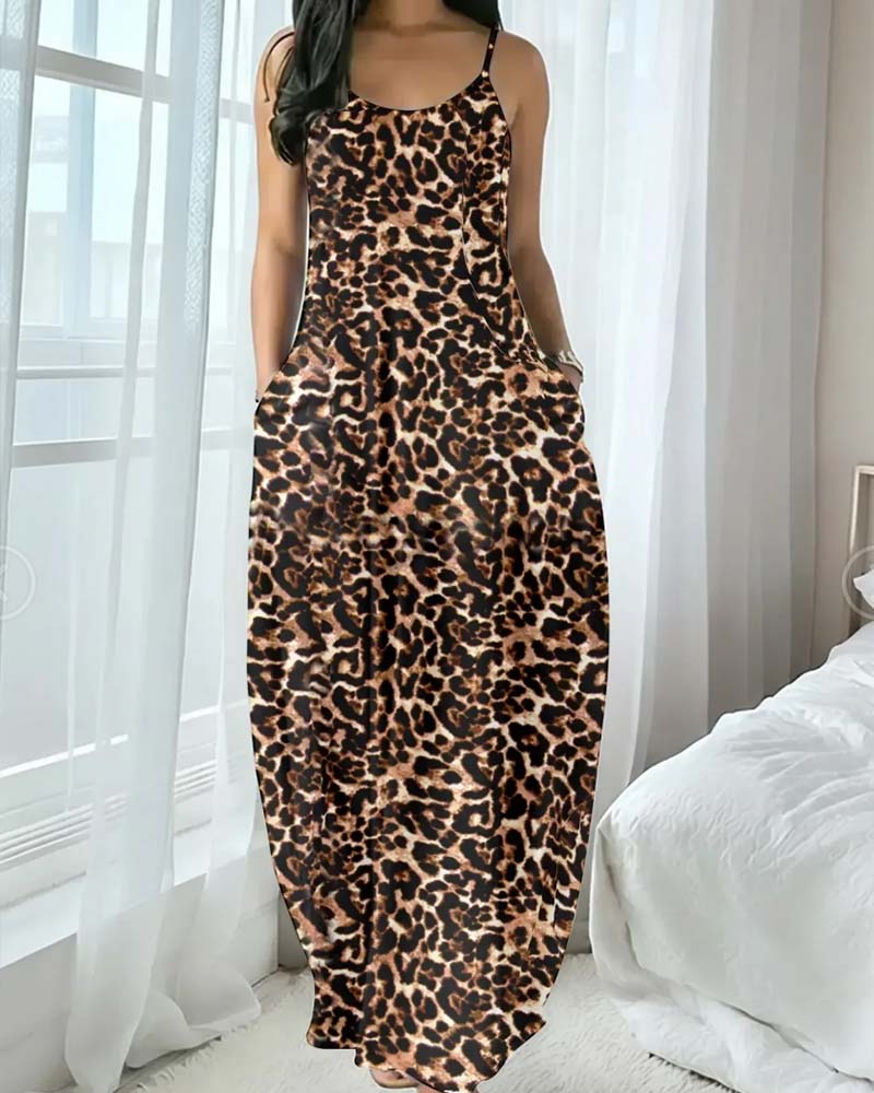 Kjole Spagettistrap Leopard Trykk Midjekniping A-Linje