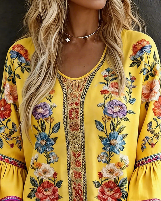 Bluse Rysje Utsvinget Erm Blomstret