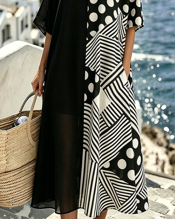 Kjole V-Hals Polka Dot Stripe Patchwork