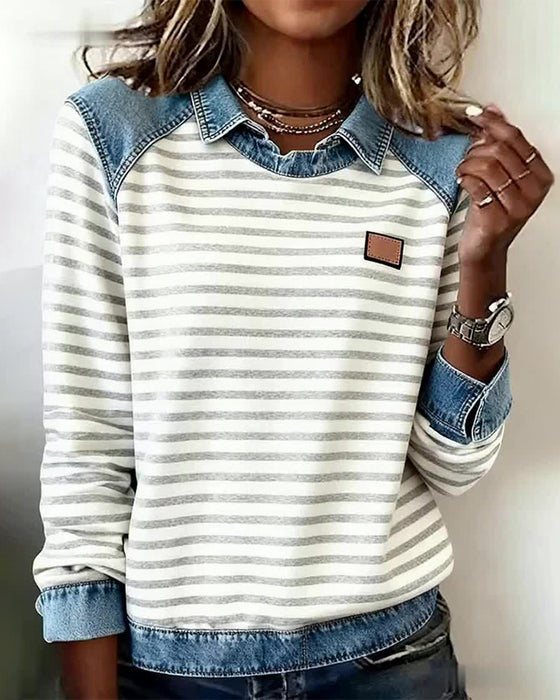 Sweatshirt Med Jeanspanel, Stripmønster Og Casual Stemning