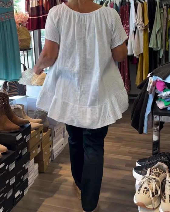 Bluse Rund Hals Rynket Avslappet Solid