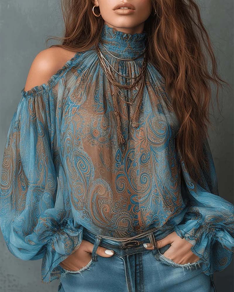 Bluse Trykt Off-Shoulder Mandarin Krage