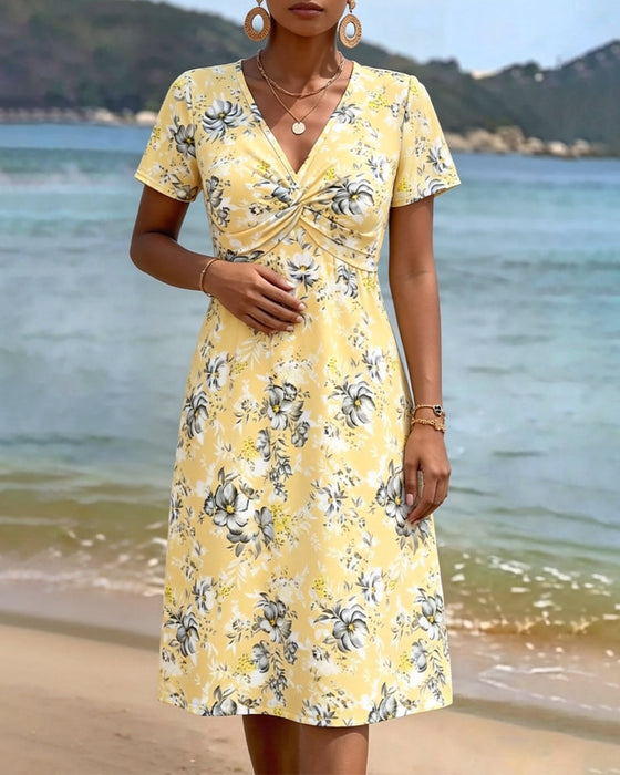 Kjole Blomstret V-Hals Twist Knute