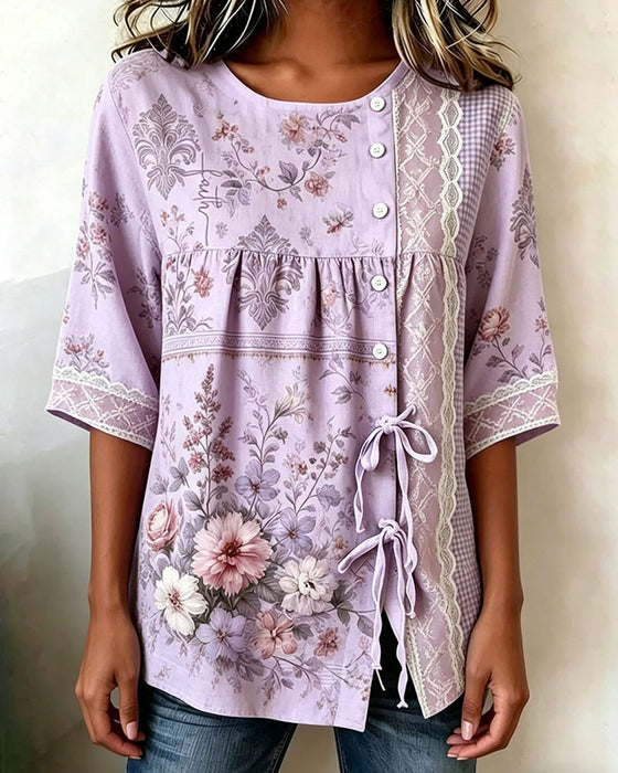 Bluse Retro Blomstermønster Avslappet