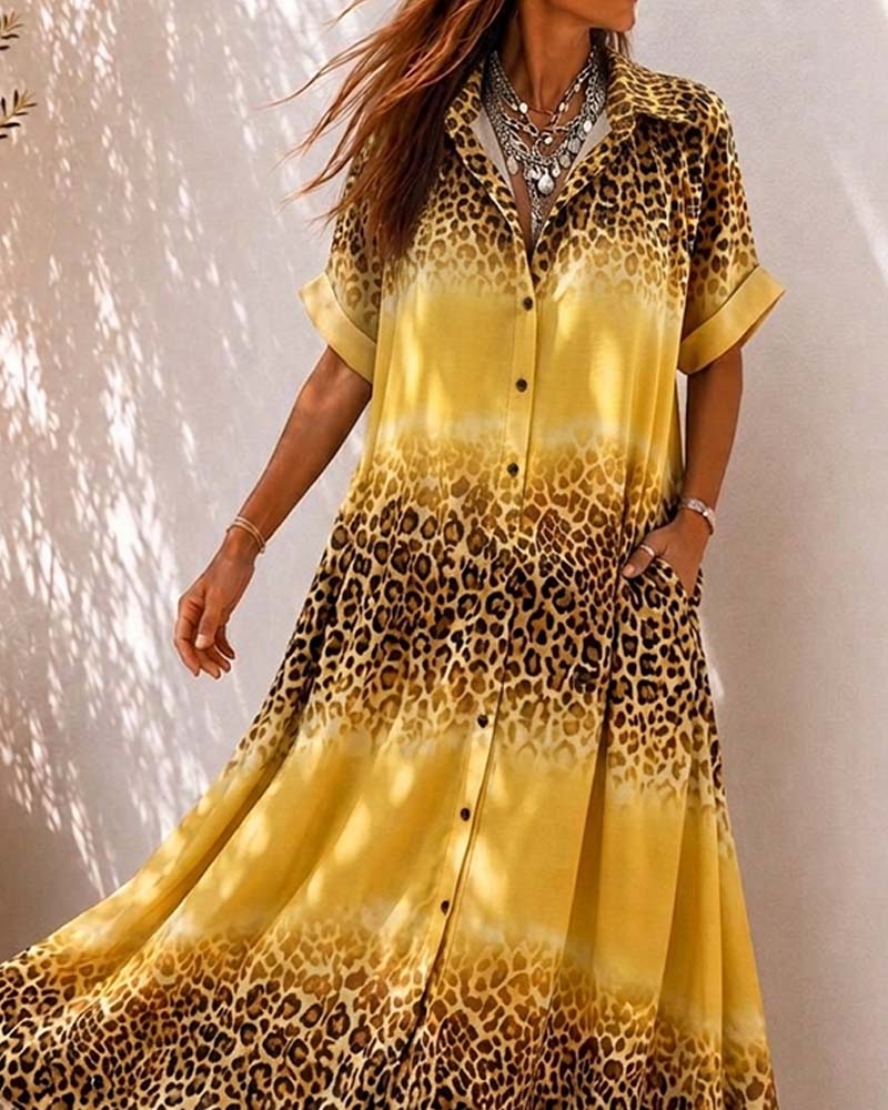 Kjole Krage Leopard Trykk Gradient Skjorte