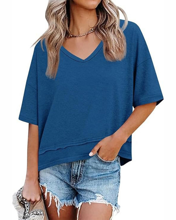 Bluse Ensfarget V-Utringning Lappeteppe Kant