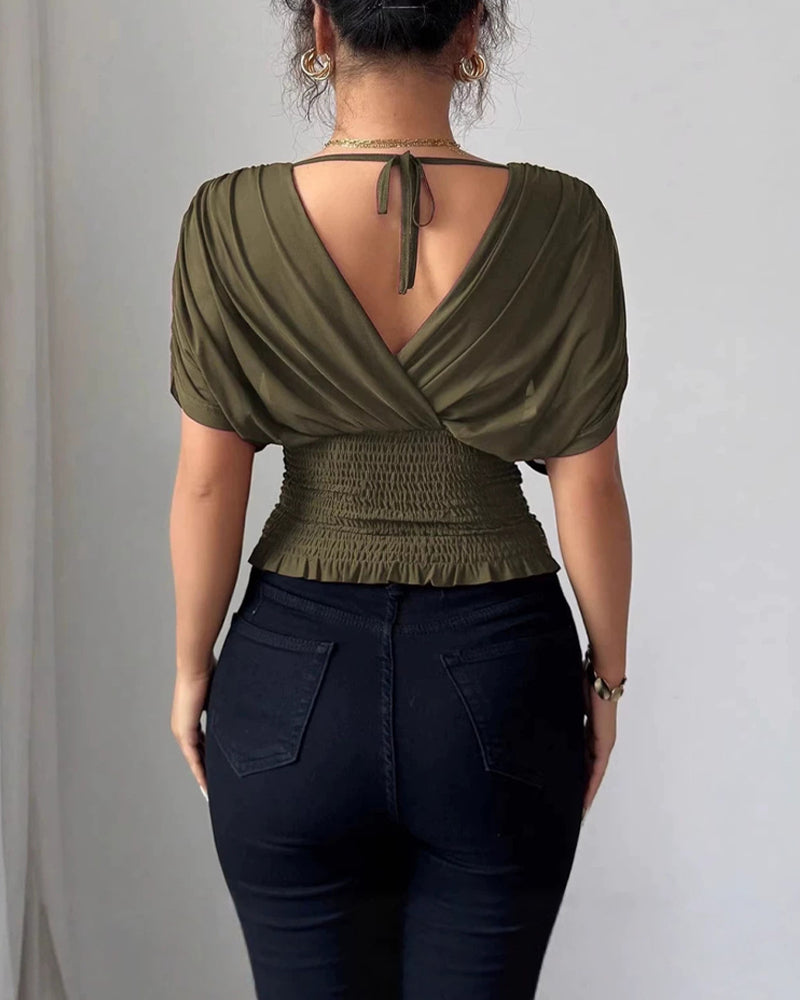 Bluse Solid Farge Dyp V-Hals Midje Kort Erme