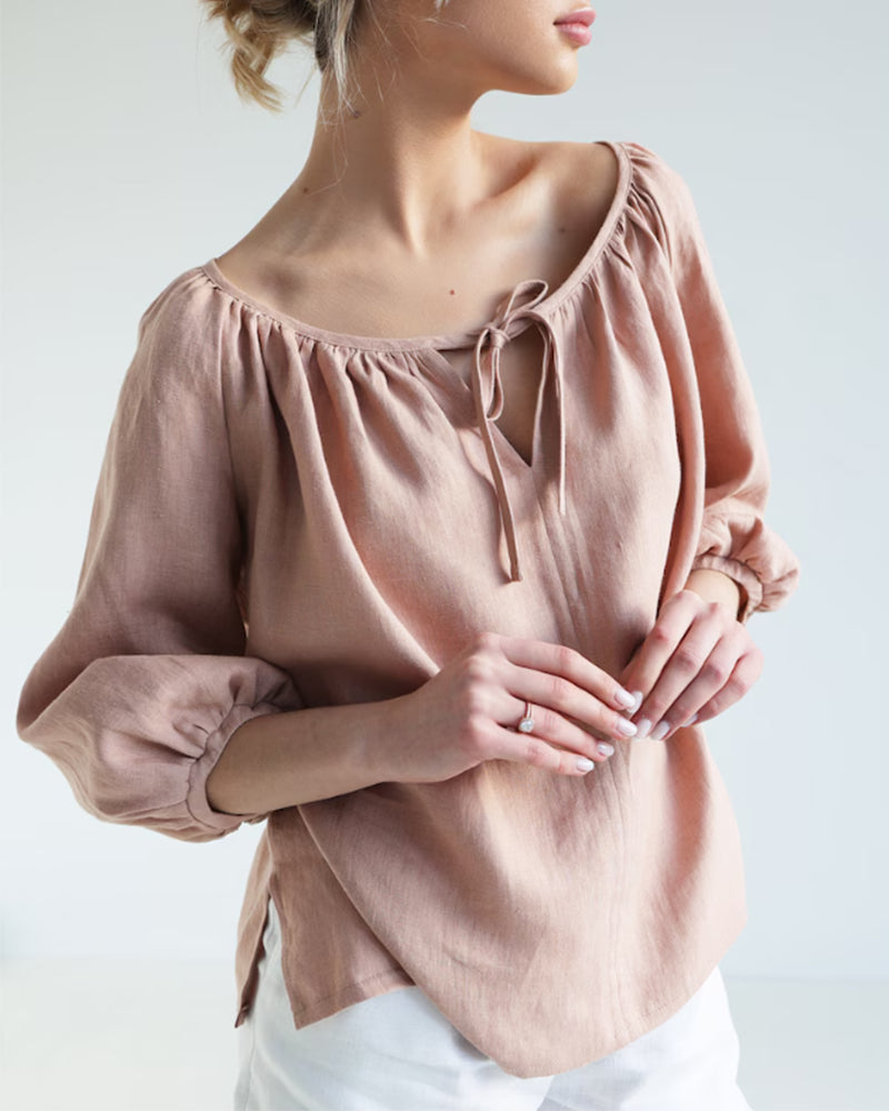 Ensfarget Topp Med Rund Hals Og Knyting