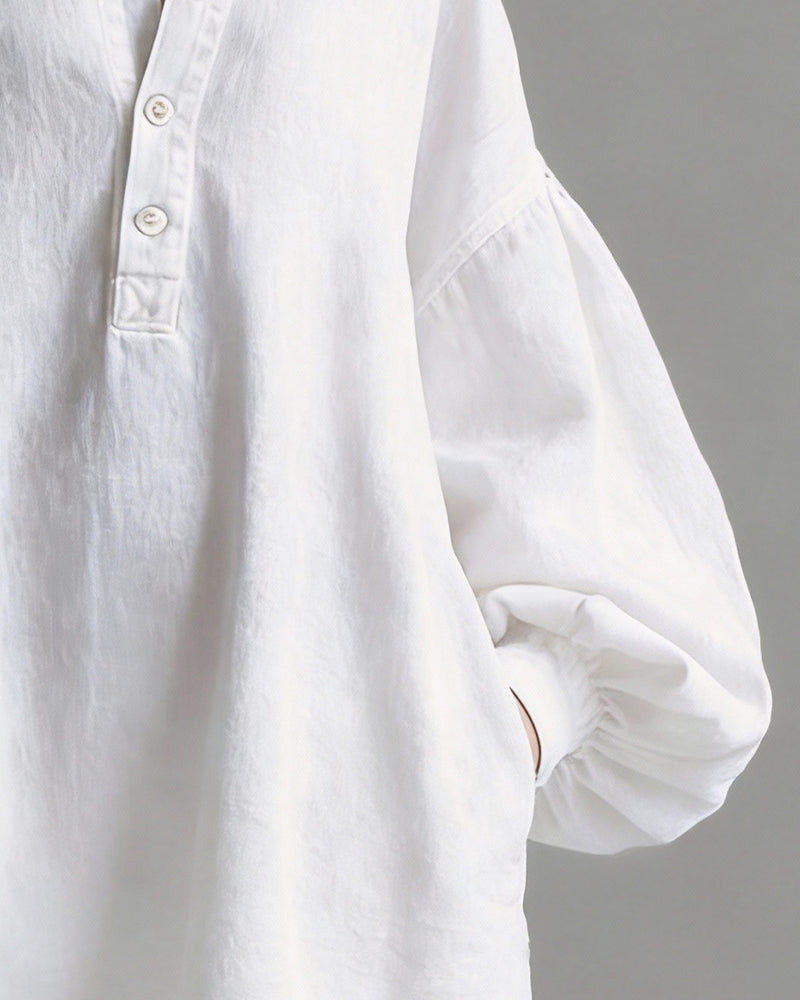 Bluse Åpen Knapp Lykt Erm Løs Bomull Lerrets