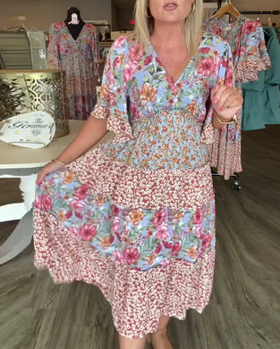 Kjole V-Utringning Lotusserm Blomstret