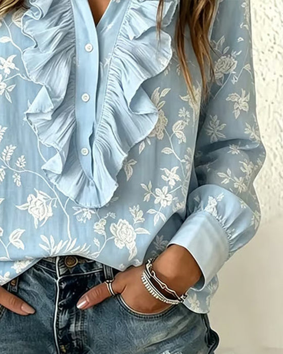 Bluse Knapp Foran Ruffle V-Hals Puffererme