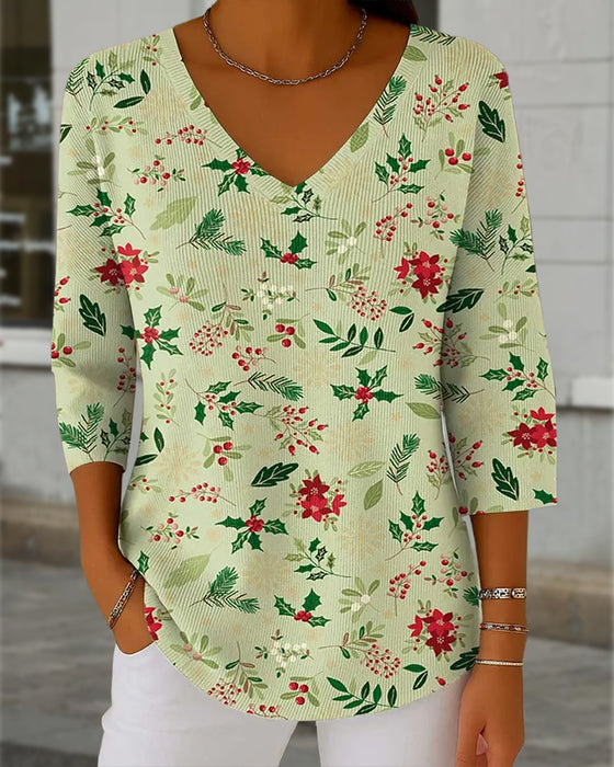 Damens strikket topp med julprint, V-hals, 3/4 ærmer, casual stil og løs passform