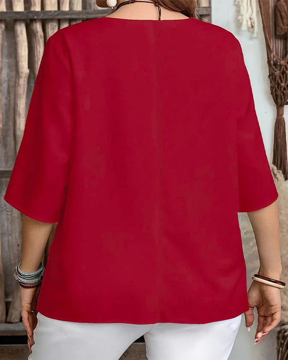 Bluse V-Hals Knapp Solid Tre Kvarter Erme