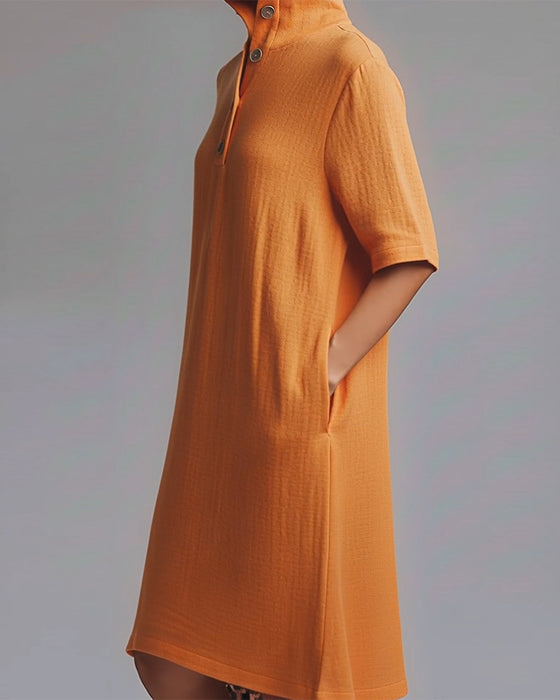 Kjole Ensfarget Ståkrage Kortermet