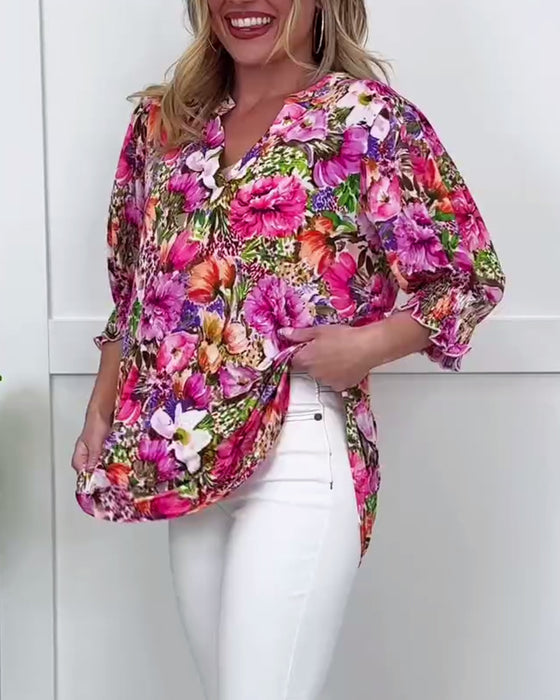 Bluse Kort Erm Moteriktig Blomstret
