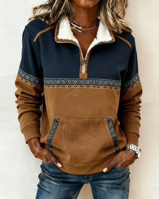 Retro Genser Med Fargeblokkering Og Pelskrage