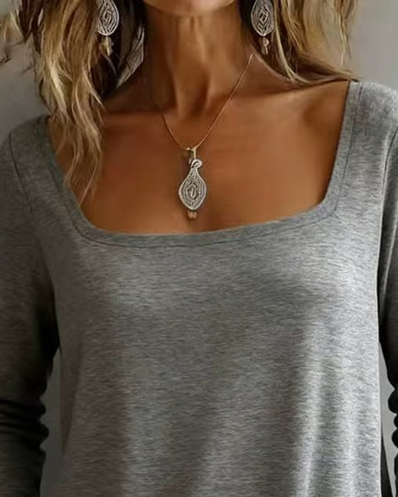 Topp U-Hals Ensfarget Langermet