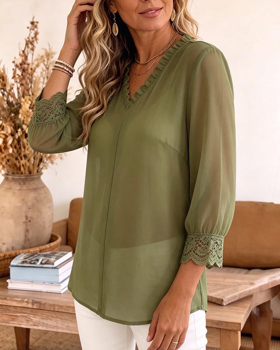 Bluse V-Hals Ruffle Blonder Patchwork
