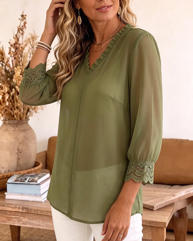 Bluse V-Hals Ruffle Blonder Patchwork