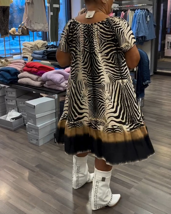 Kjole Løs Rund Hals Kort Erme Trykt