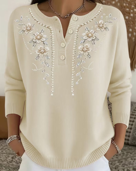 Sweatshirt Rund Hals Knappelukking Blomstret Langermet