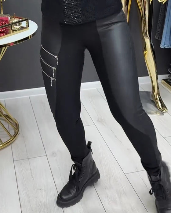 Leggings PU Lappverk Glidelås Utsmykket
