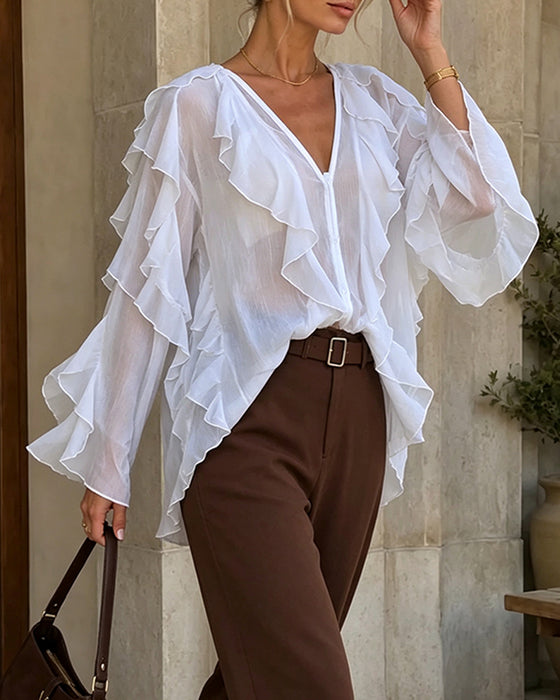 Bluse V-Hals Ruffle Løs