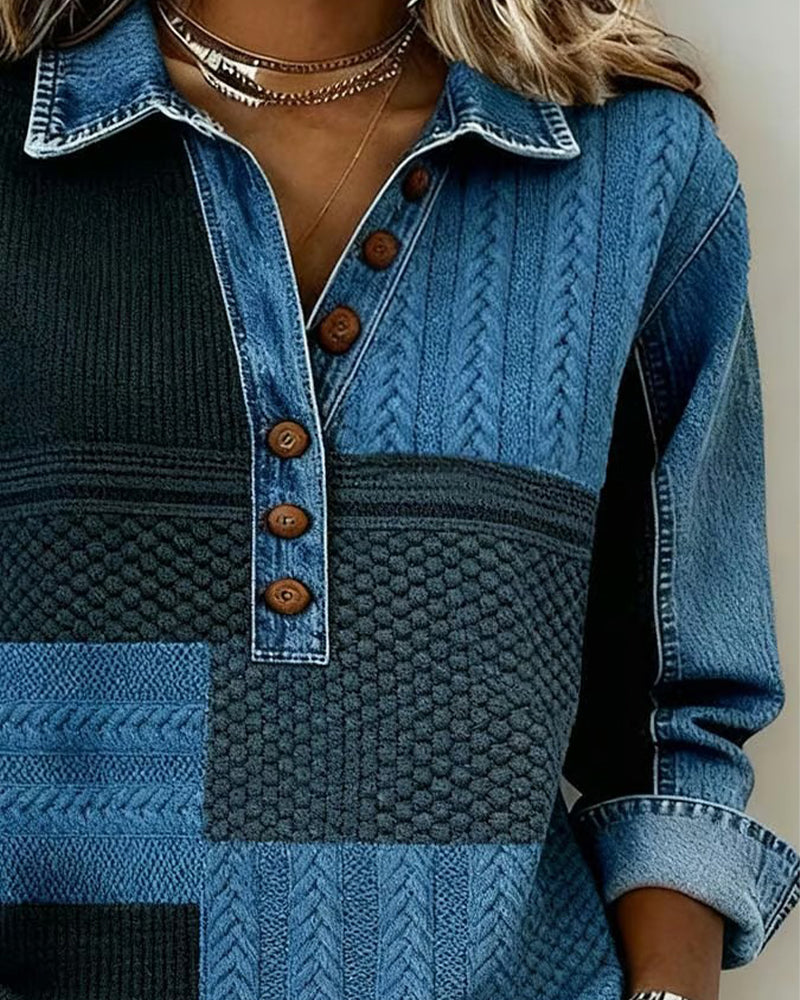 Trykt Sweatshirt Med Lange Ermer Og Knappeskjortekrage