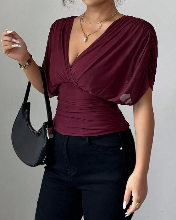 Bluse Solid Farge Dyp V-Hals Midje Kort Erme