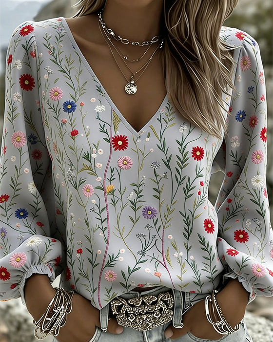 Bluse Blomstre Trykk Boble Erme V-Hals