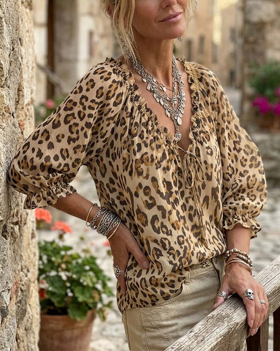 Bluse Leopardmønster V-Hals Pufferme Snøring