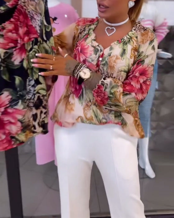 Bluse Med V-Hals Blomstertrykk