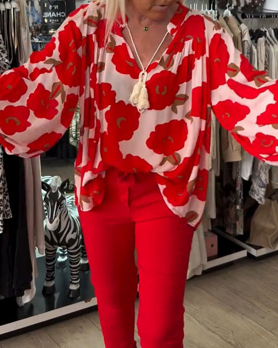 Bluse Stor Blomstret Knyting V-Hals