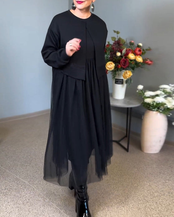 Uregelmessig mesh søm ensfarget elegant kjole