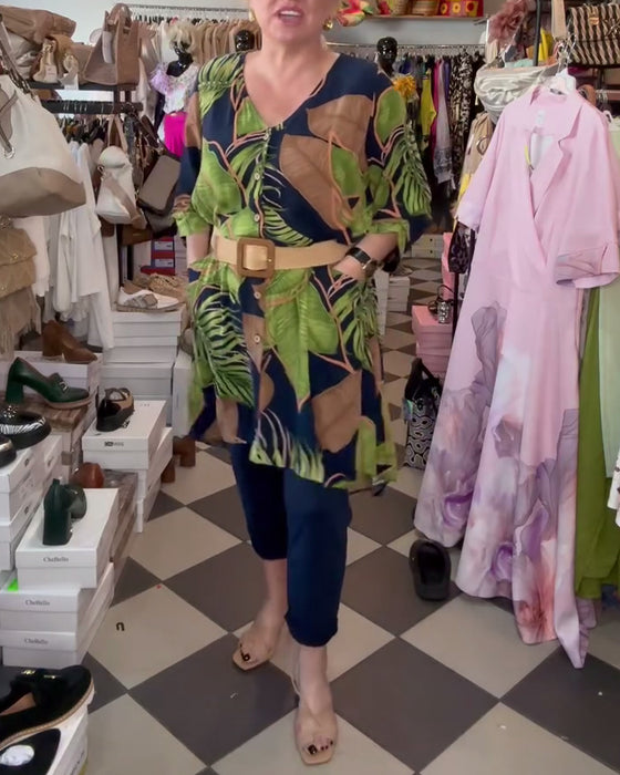 Løs Kjole Med Bladtrykk Og V-Hals