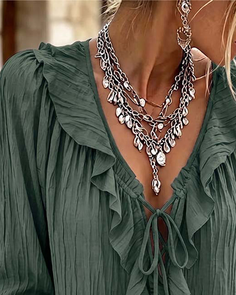 Bluse Ruffle Trim Knyting Lang Erme