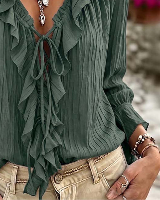 Bluse Ruffle Trim Knyting Lang Erme
