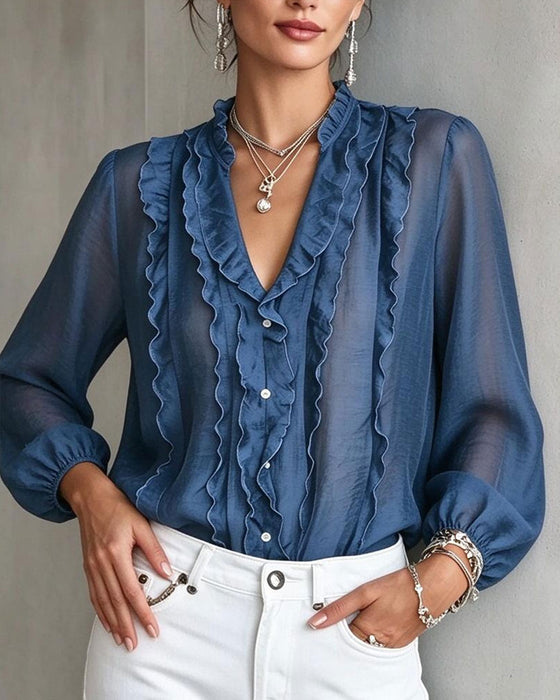 Bluse V-Hals Knapp Ruffle