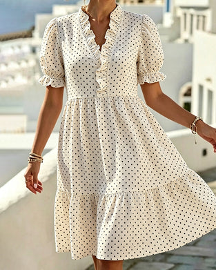 Kjole V-Hals Blonder Trim Polka Dot