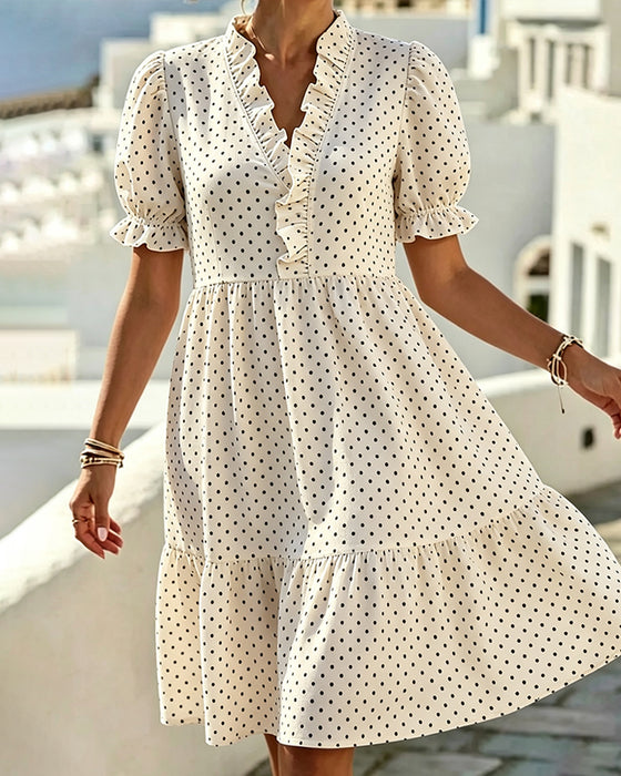 Kjole V-Hals Blonder Trim Polka Dot