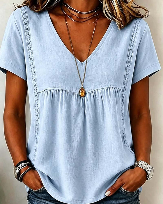 Bluse V-Hals Rynket Kort Erme