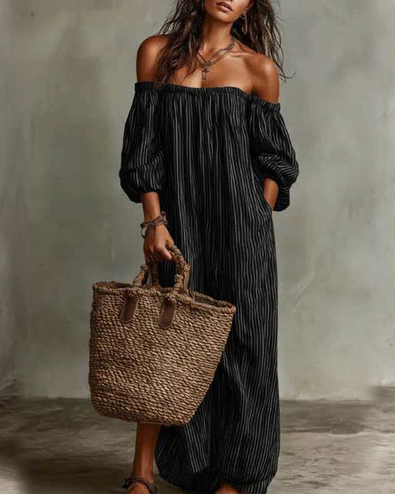 Kjole Løs Off-Shoulder Stripet